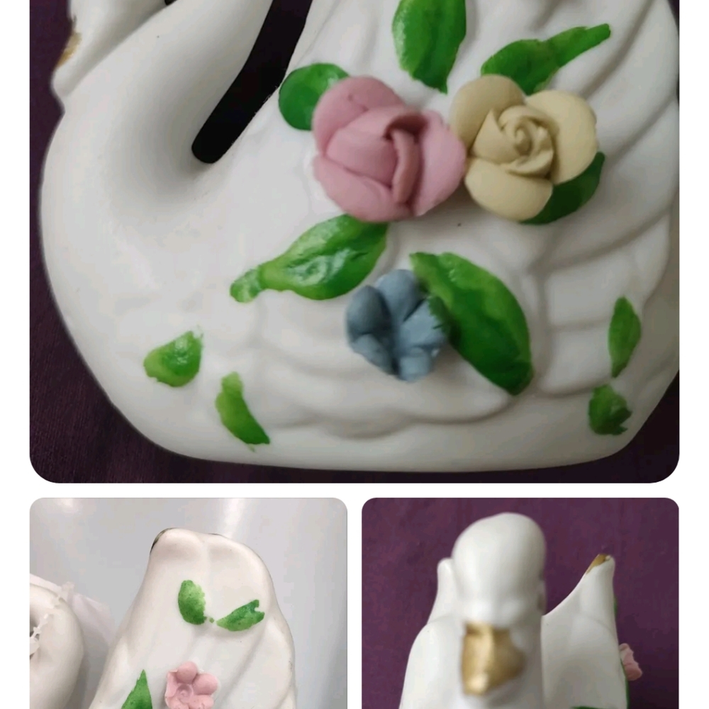 Vintage CAPODIMONTE Swan Vase  Planter Ivory with pink and yellow rose nanco